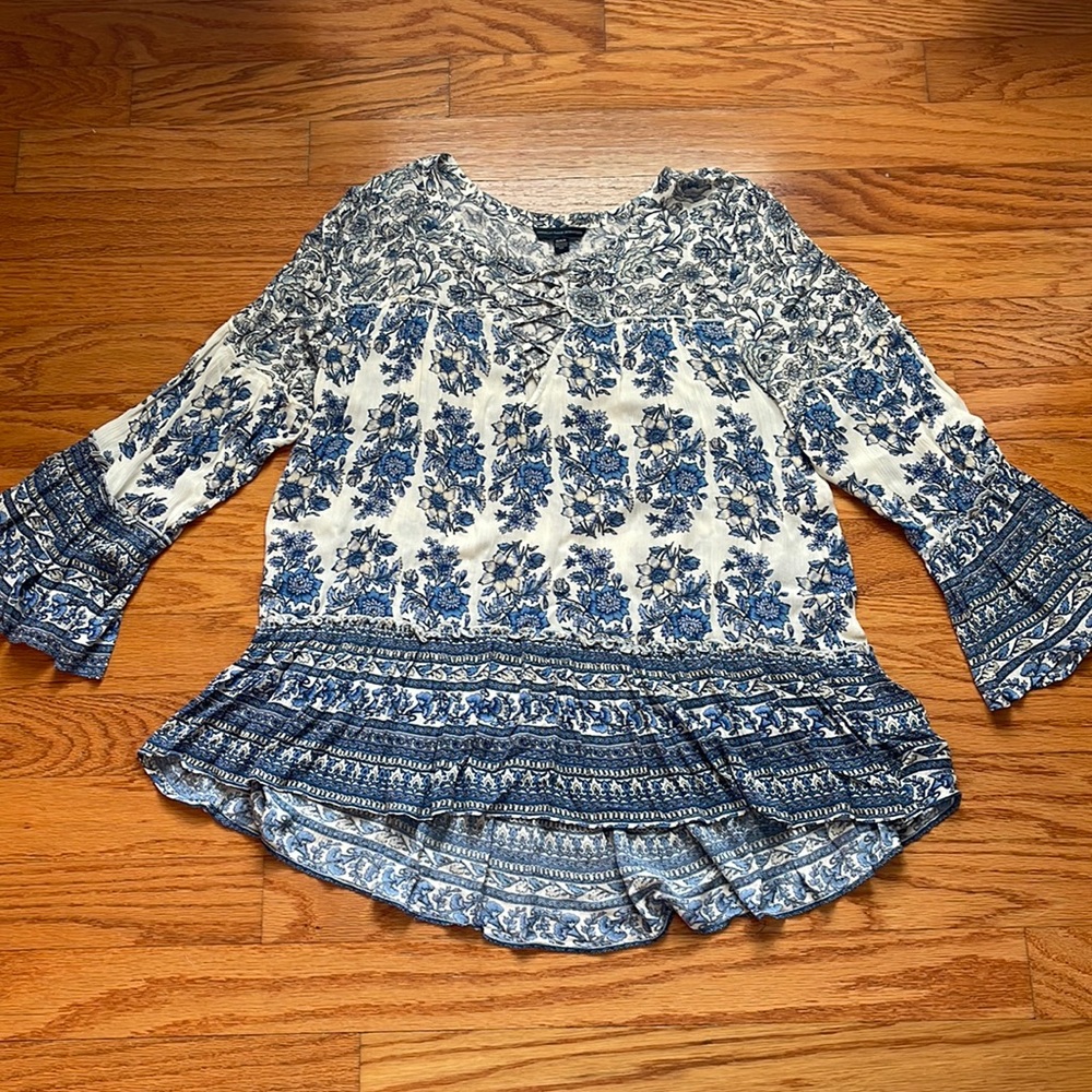 White and Blue Floral Top